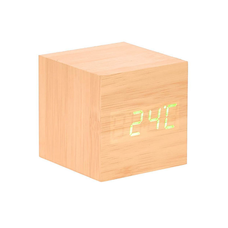 Horloge de bureau cube en bois à LED avec affichage de la température et de la date